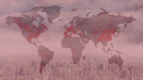 animation of world map with red covid 19 pandemic points over cityscape on red background