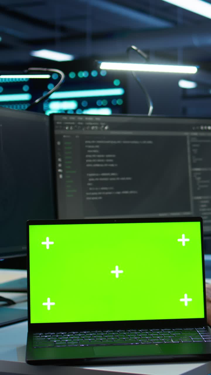 Laptop med grön skärm i ett teknikföretag