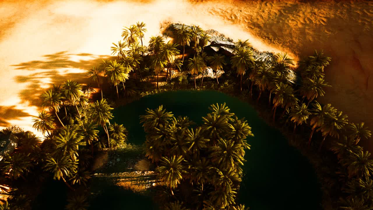 top down aerial view of oasis in desert