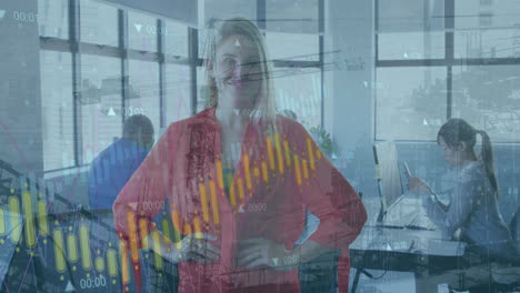 animación del procesamiento de datos financieros sobre una mujer de negocios caucásica en el cargo