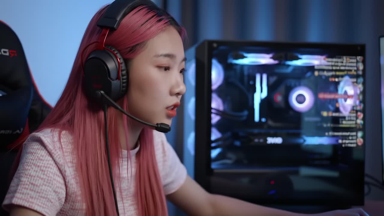 Engaged Gamer with Pink Hair: Concentrating Intently While Playing a Video Game in a Modern Gaming Setup Featuring RGB Lighting and Headset
