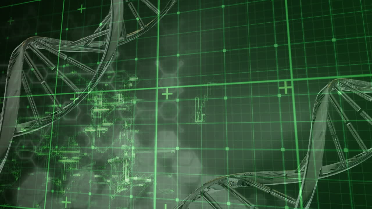 animación de cadenas de adn que giran sobre el procesamiento de datos y la cuadrícula.