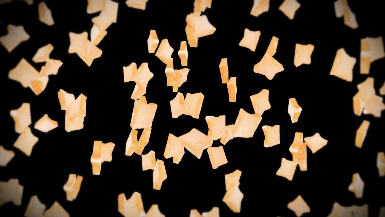 volando muchas rebanadas de pan en fondo negro. alimentos, alimentos y concepto de comer. animación 3d de rebanada de pan de trigo girando. animación de bucle.