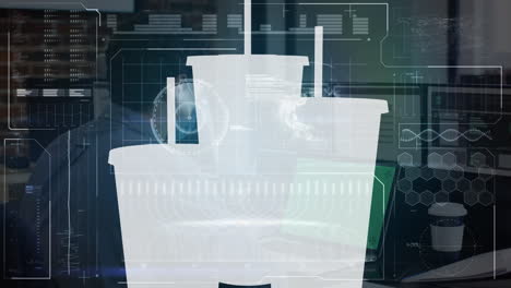 animation of digital screen with white cups over african american male programmer with laptop