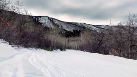 Una-Hermosa-Escena-Nublada-De-Un-Camino-Nevado-En-Una-Estación-De-Esquí-De-Colorado-Con-árboles-Muertos-Y-Una-Montaña-En-El-Fondo-Con-Pinos-Verdes-Y-álamos-Altos