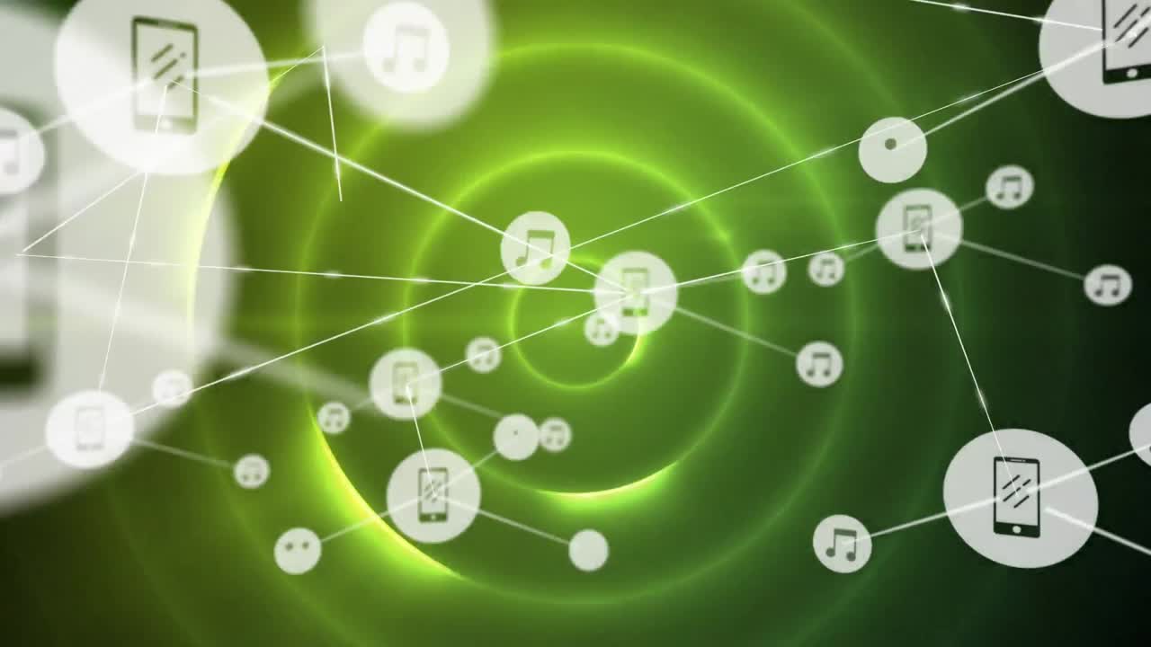 animaciones de la red de conexiones con iconos sobre fondo amarillo.