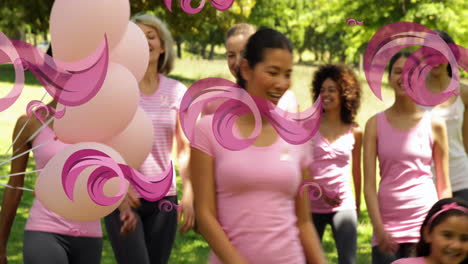animación de cintas rosadas sobre un grupo feliz de mujeres y niñas diversas caminando en un parque soleado
