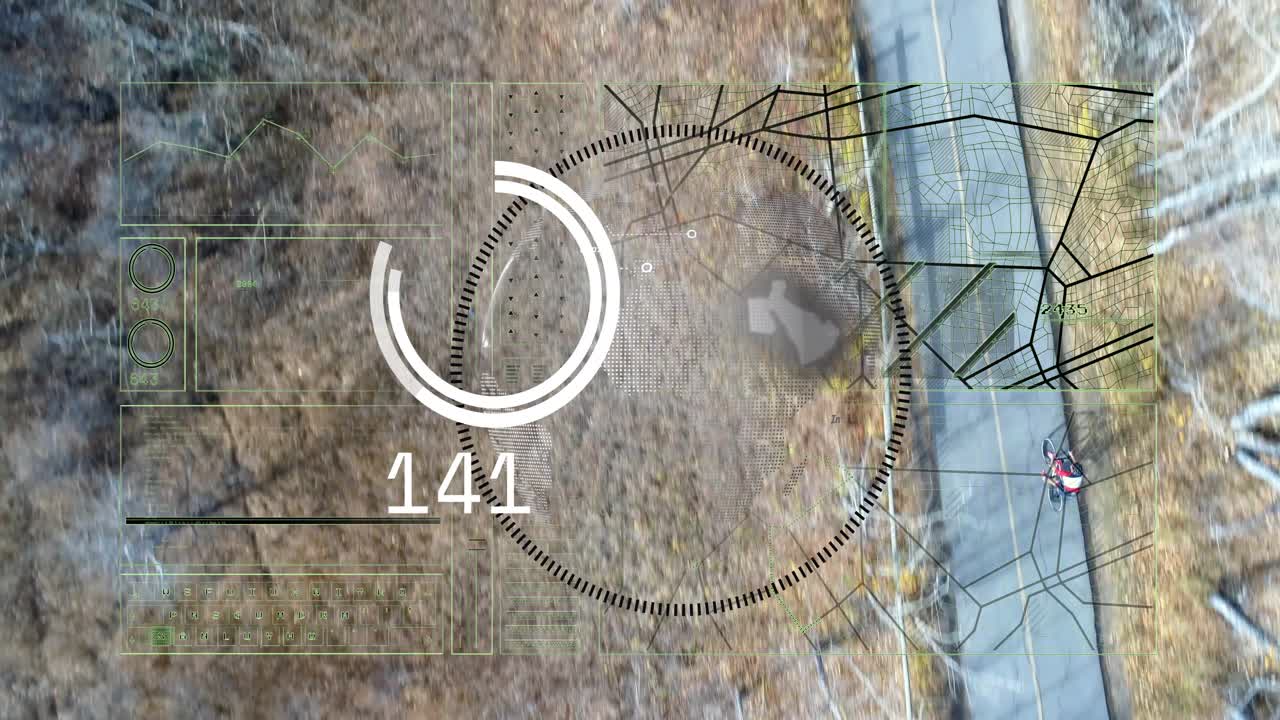 HUD overlay appearing and rotating, tracking bright brush patch while rider riding down path