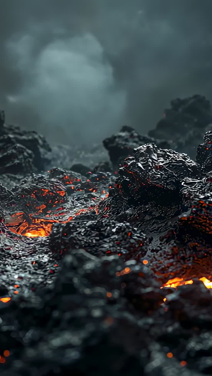 Vertical video: Pulsing glossy cracked crust on lava field, magma pushing lava pockets, ash, embers