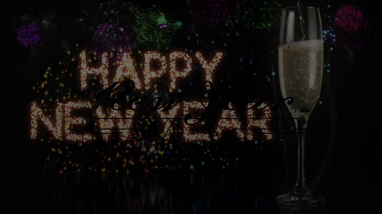 animación de felicitaciones de feliz año nuevo sobre una copa de champán y fuegos artificiales explotando