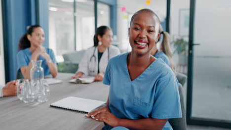 black woman, face or nurse in hospital meeting