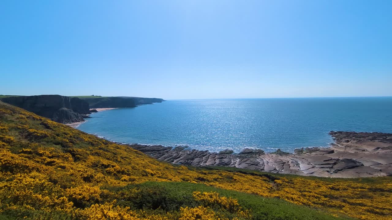 Wide Landscape of Fall Bay in Gower Pensinsula with Sun Reflecting and Glistening on Calm Blue Sea Water with Coastal Cliffs and Flower Blossoming in Summer.