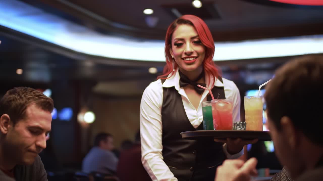 A Friendly Cocktail Server Delivers Colorful Drinks to Happy Patrons at a Vibrant Casino Table, Enhancing the Excitement of a Night Out with Friends