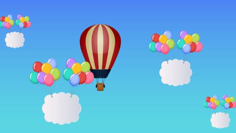 animation of hot air balloon colourful balloons with clouds and copy space flying on blue background