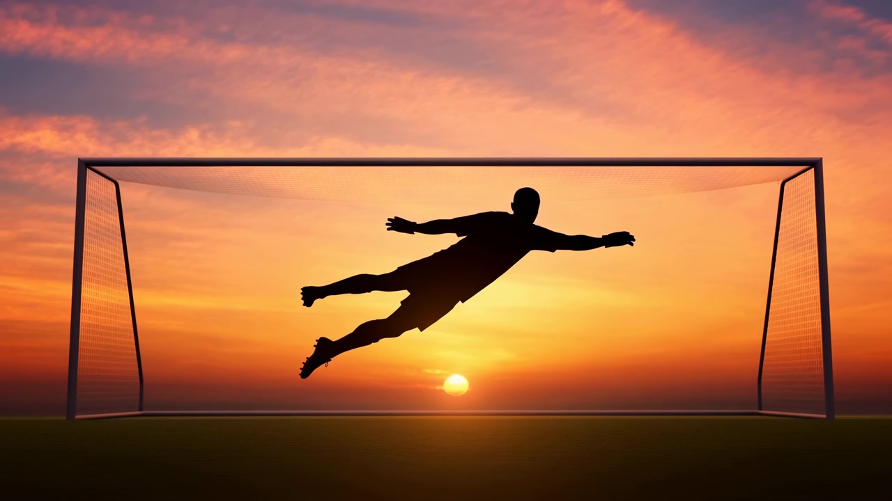 Silhuett av en fotballkeeper helt i luften inne i målet, med armene spredt vidt i en strukket redningsposisjon mot en levende solnedgangshimmel, med mørk bane, glødende horisont og en dramatisk bakgrunnsbelyst sportsatmosfære.
