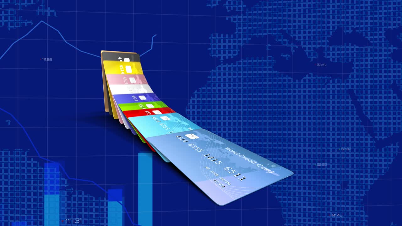 animación de tarjetas de crédito sobre procesamiento de datos estadísticos y financieros y mapa del mundo