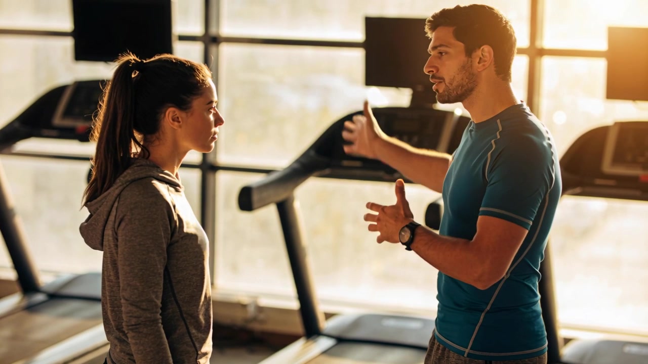 Een trainer gebaart en coacht een vrouwelijke cliënt in een sportschool met loopbanden, de cliënt draagt een hoodie.