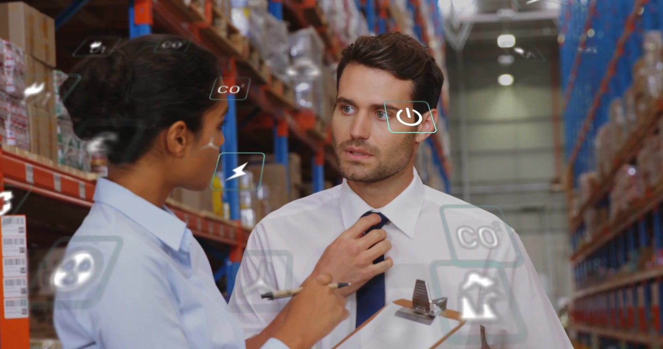 Woman pointing clipboard, leading man adjusting tie for warehouse checklist while AR HUD appearing