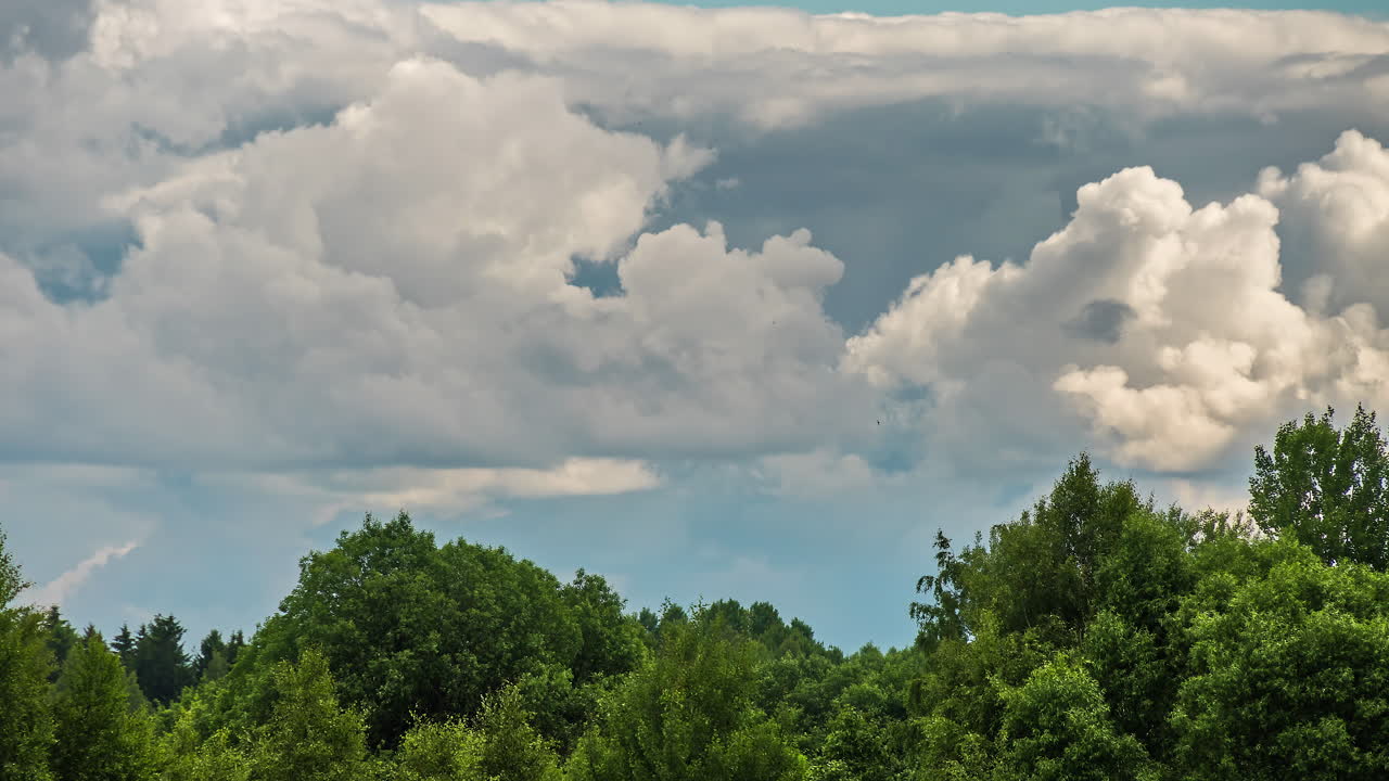 una foto de nubes blancas y esponjosas flota lentamente a través del cielo azul durante el día en un lapso de tiempo
