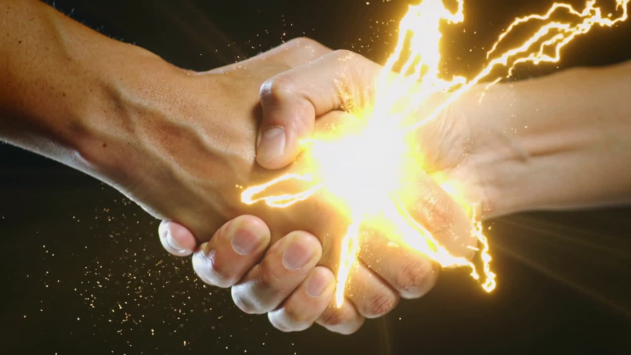 Clasping adult hands initiating golden glow between palms in studio, sealing partnership