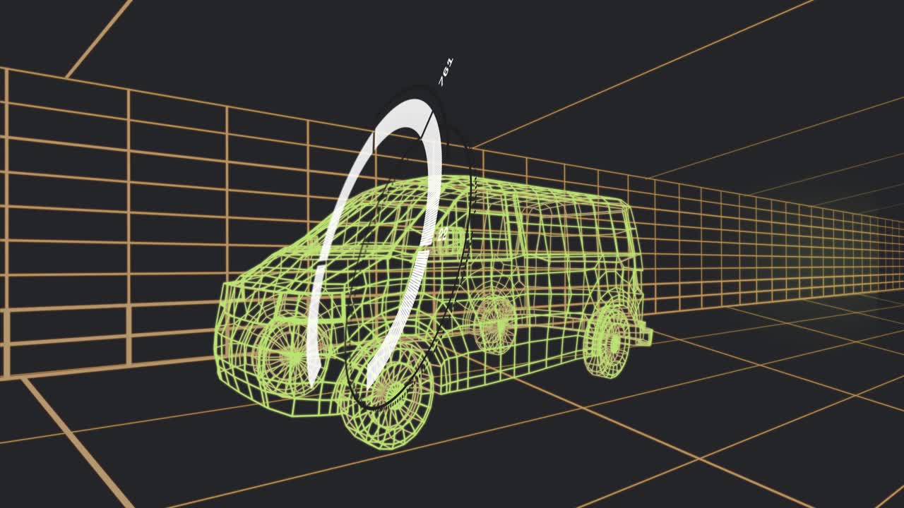 Wireframe van receiving HUD arc, arc sweeping front-left wheel upward, labels updating showing path