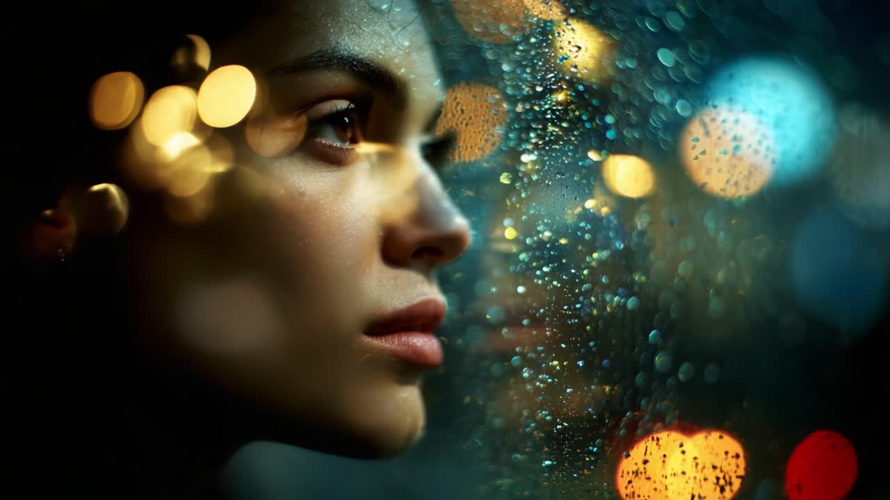 A contemplative young woman gazing through a rain-drenched window, with soft bokeh lights creating a dreamy ambiance that captures her introspective moment and emotions