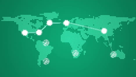 animation of network of connections over world map on green background