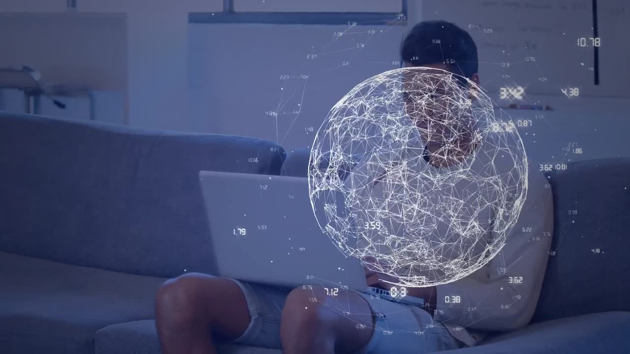 animación del globo con conexiones y procesamiento de datos sobre el hombre caucásico usando portátil