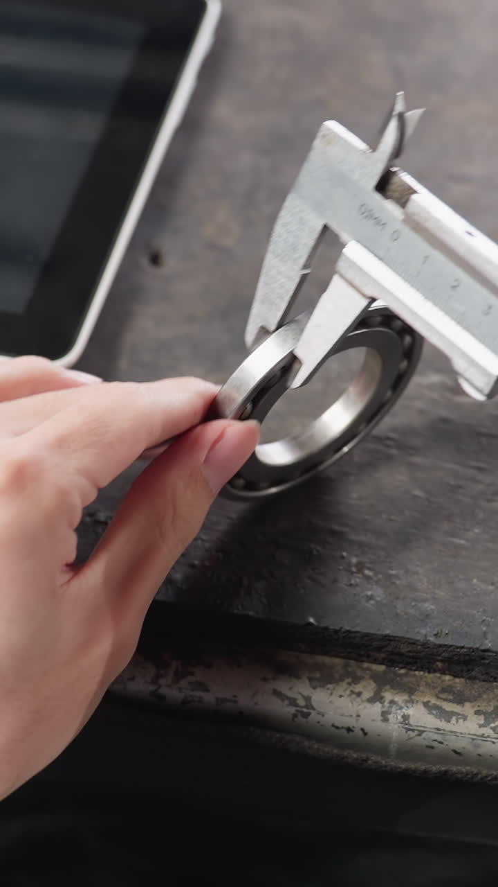 vista aérea de un técnico de laboratorio que utiliza una pinza de vernier para medir el diámetro de boris en el banco de trabajo bajo poca luz mientras registra las mediciones en una tableta cercana. entorno industrial con herramienta de precisión