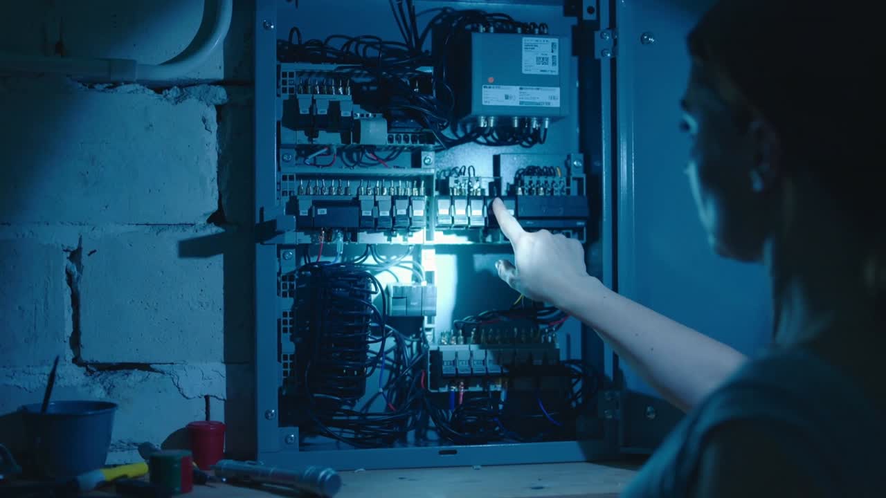 Woman inspecting electrical panel, shining focused beam and testing breakers while checking circuit