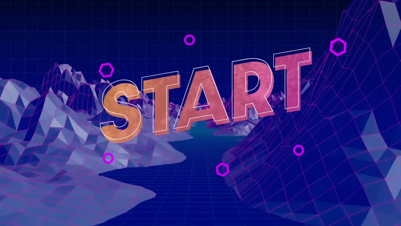Animation of start text over digital mountain terrain