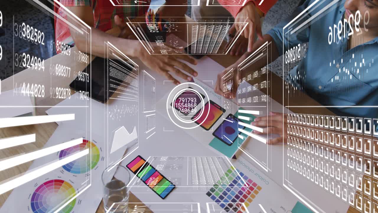 Design team reaching color cards and tapping smartphone, activating HUD readouts selecting palette