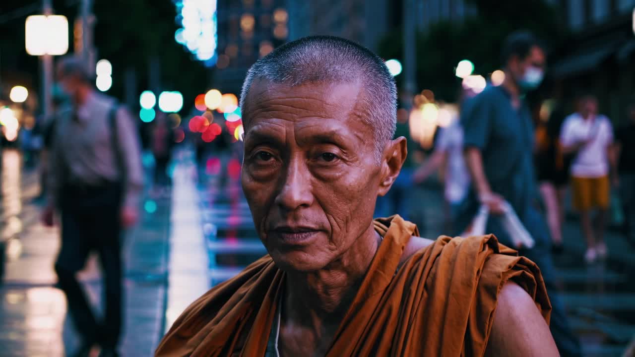 Elderly Asian man in traditional orange robe gazes thoughtfully amidst bustling city nightlife, capturing the essence of urban tranquility and reflection in vibrant surroundings