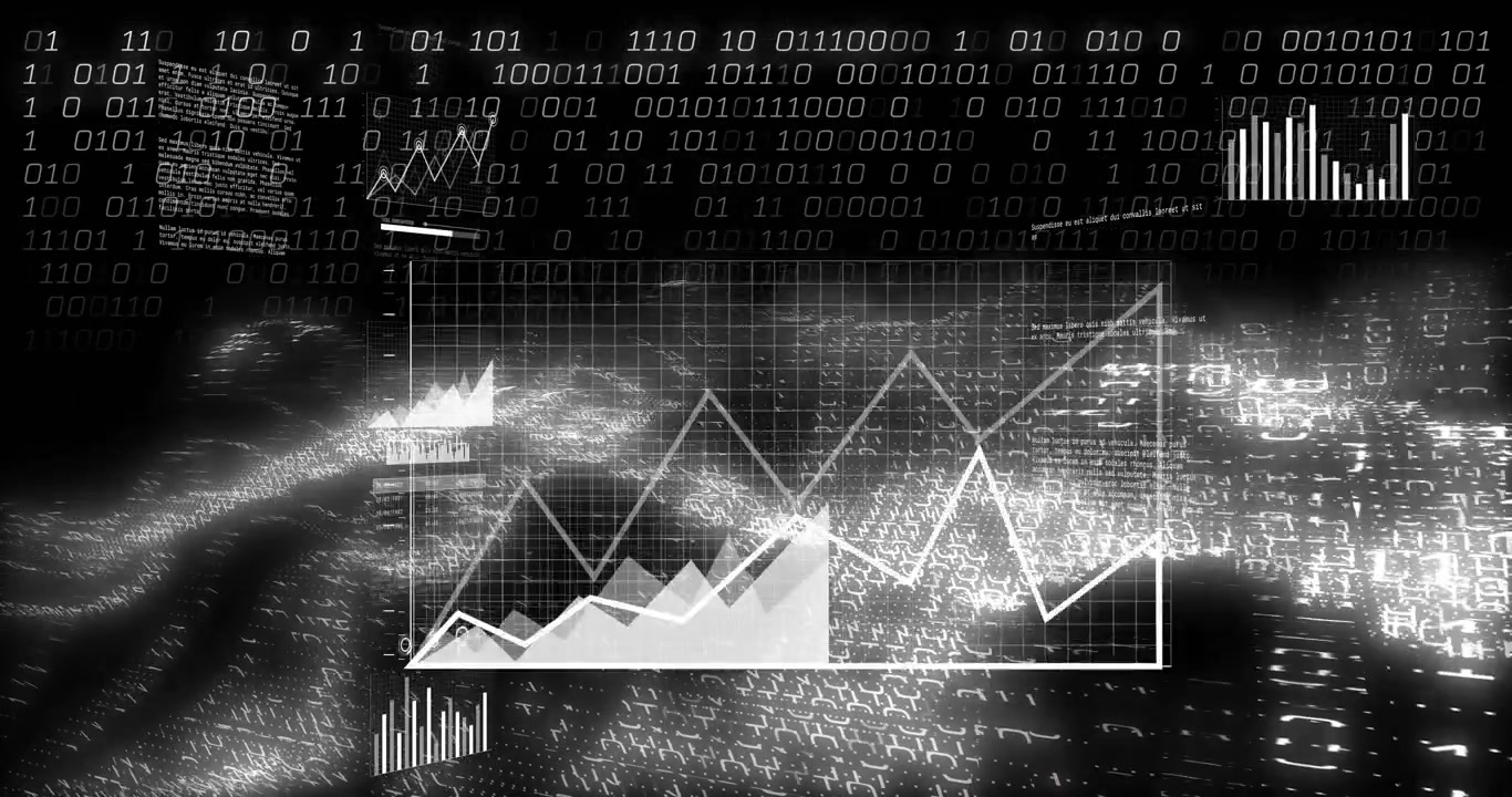 Streaming binary code spawning charts, syncing bar waves, circling peaks, fading for visualization