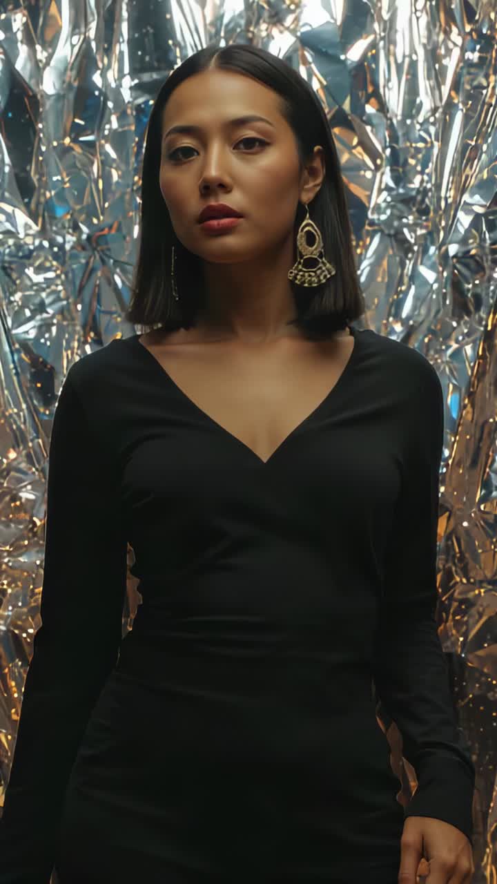 Vertical video: Starting zoom on Asian model at set to showcase gold earrings against foil backdrop