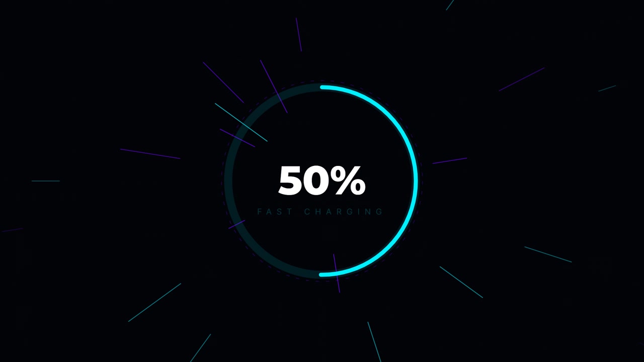 Animazione digitale dell'indicatore di progresso percentuale di ricarica rapida.