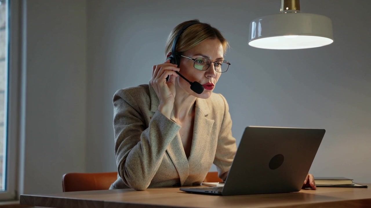 Donna con blazer beige e occhiali che regola le cuffie, mentre inizia una chiamata a distanza alla scrivania usando il microfono del laptop.