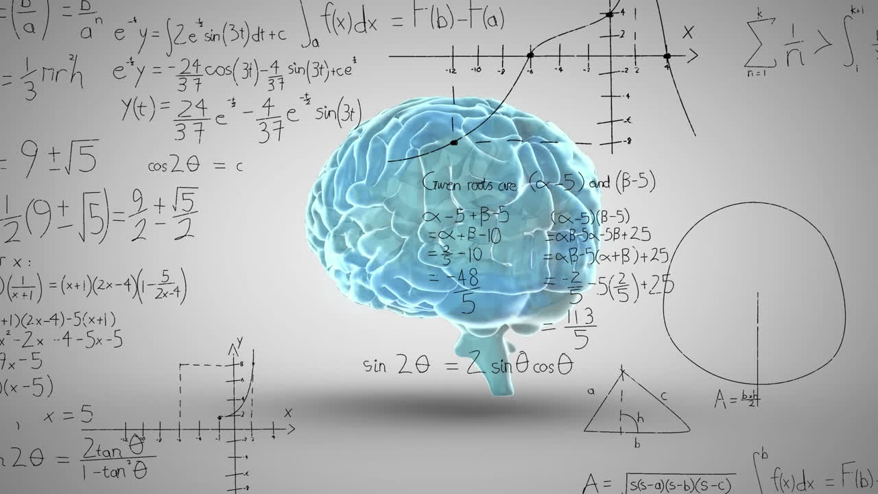 animación de ecuaciones matemáticas y diagramas sobre el cerebro humano contra un fondo blanco