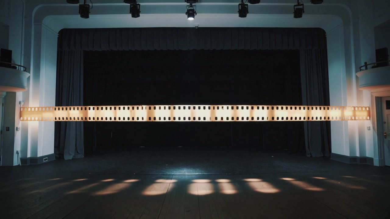 Pulsing horizontal film-strip after lighting cue on stage arch, creating light spots on wood floor