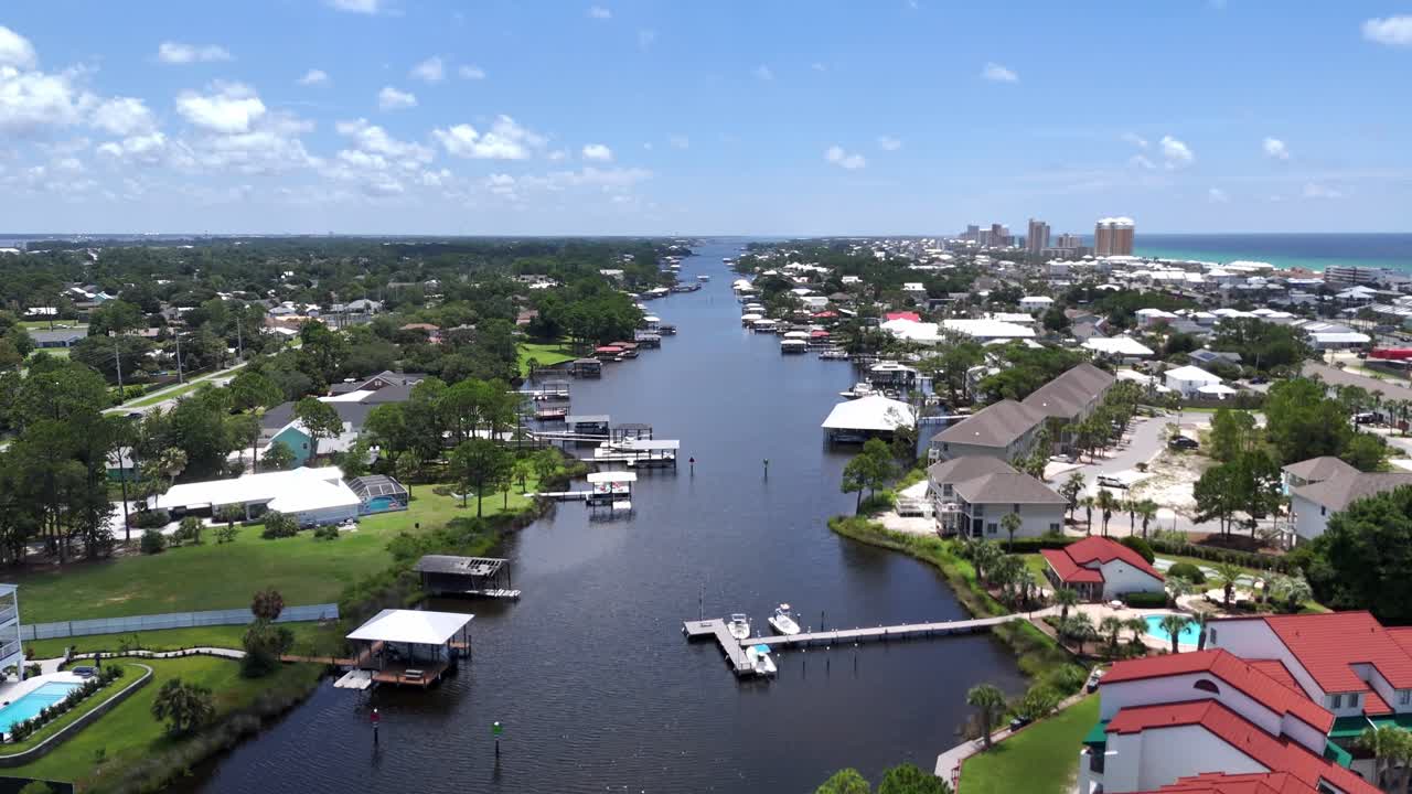 Panoramic drone movement over the local waterfront homes aligned along a calm inland waterway, Panama City Beach, Florida, USA