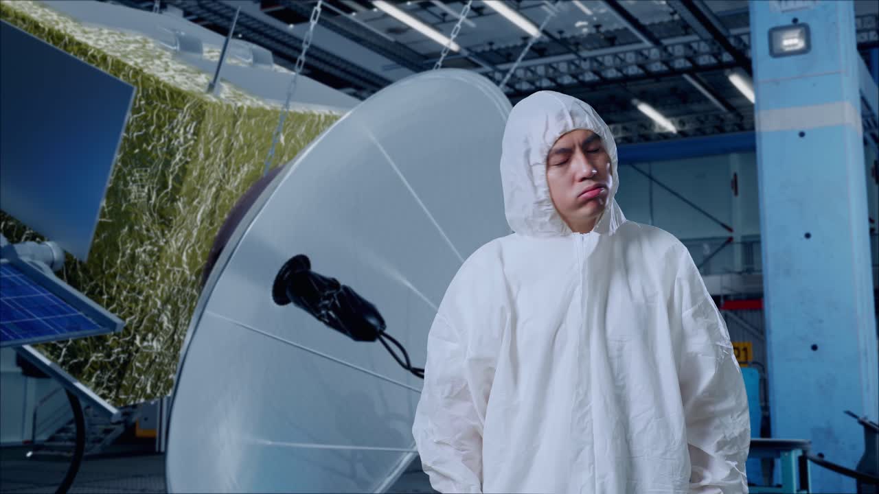 científico masculino asiático que tiene dolor de cabeza mientras está de pie con la construcción de la nave espacial