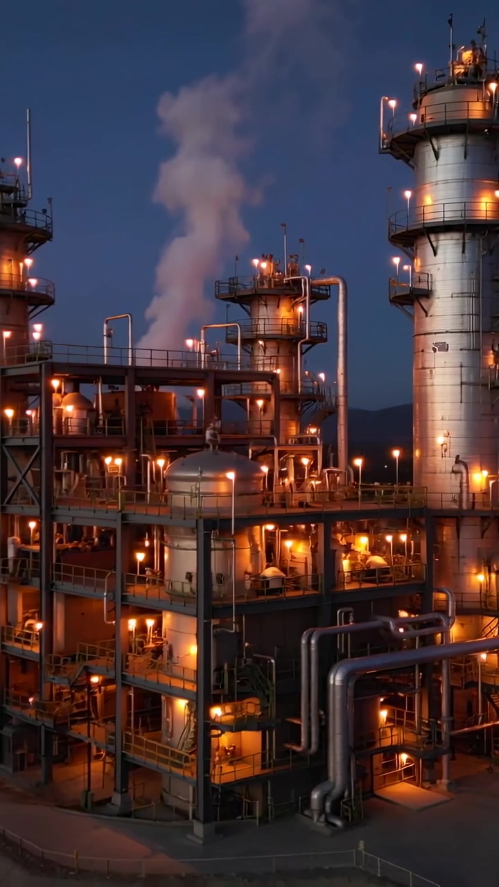 Vertical video: Venting steam, unit mid vent releasing plume at twilight during plant operation