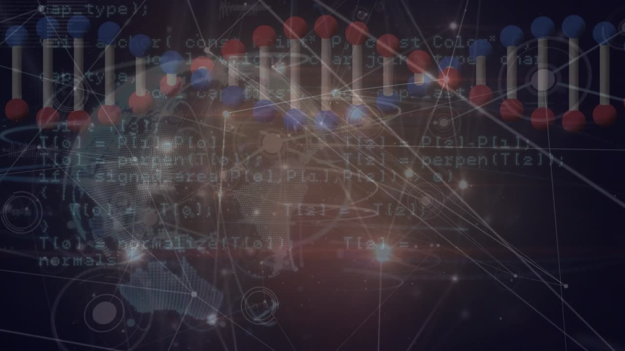 Animation of scientific data moving over dna and connections on brown background
