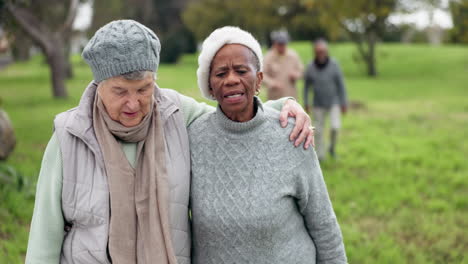 happy, retirement and relax with friends in park