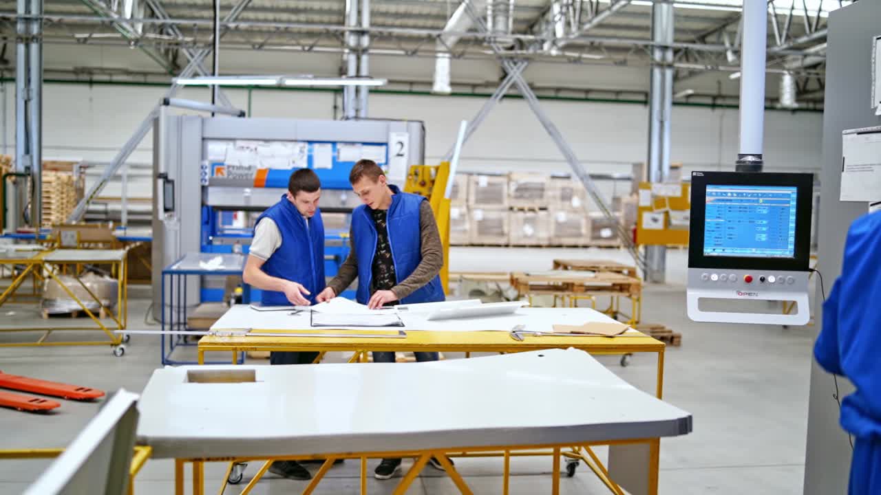 Люди работают на заводе. Работа на заводе тяжелой промышленности.