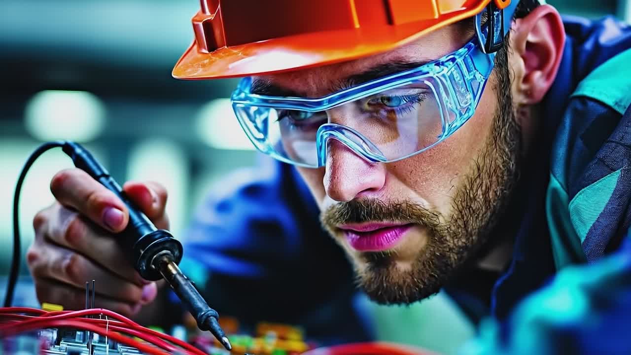 A man wearing safety glasses and a hard hat working on a circuit board