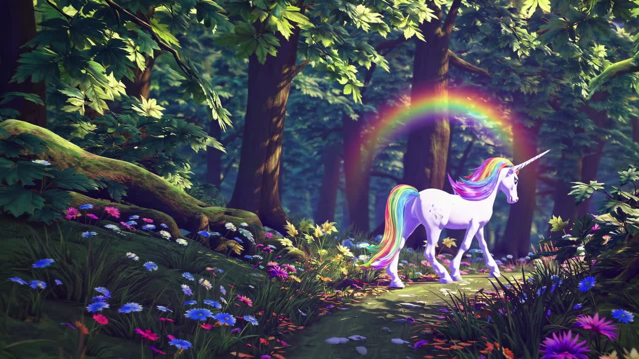 A magical unicorn walks through a vibrant forest, captured in a wide-angle shot