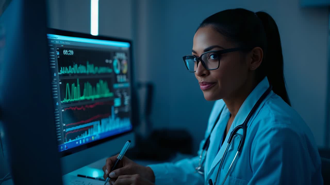 Seeing monitor data doctor in lab coat stethoscope studying waveforms at desk noting patient trends