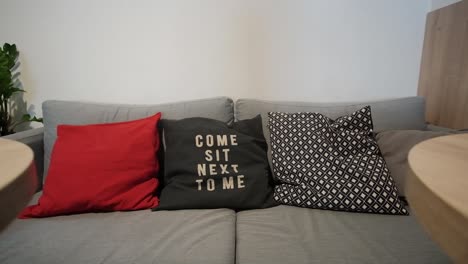 Slide-in-interior-shot-of-a-gray-sofa-with-pillows-and-Come-sit-next-to-me-label