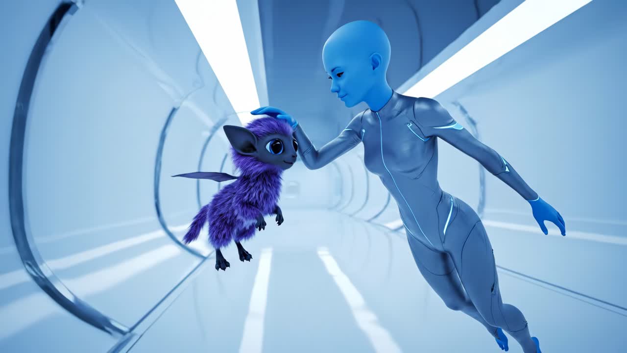 A futuristic scene with an alien and a creature in a space station